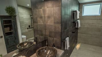 Hair dryer, towels, soap, shampoo