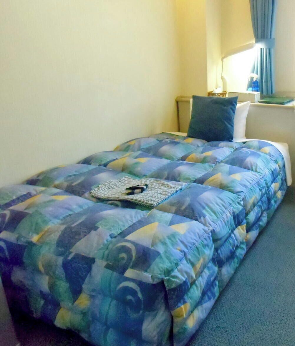 Una cama con una colcha estampada, una almohada, una mesita de noche con una lámpara y una ventana con cortinas.