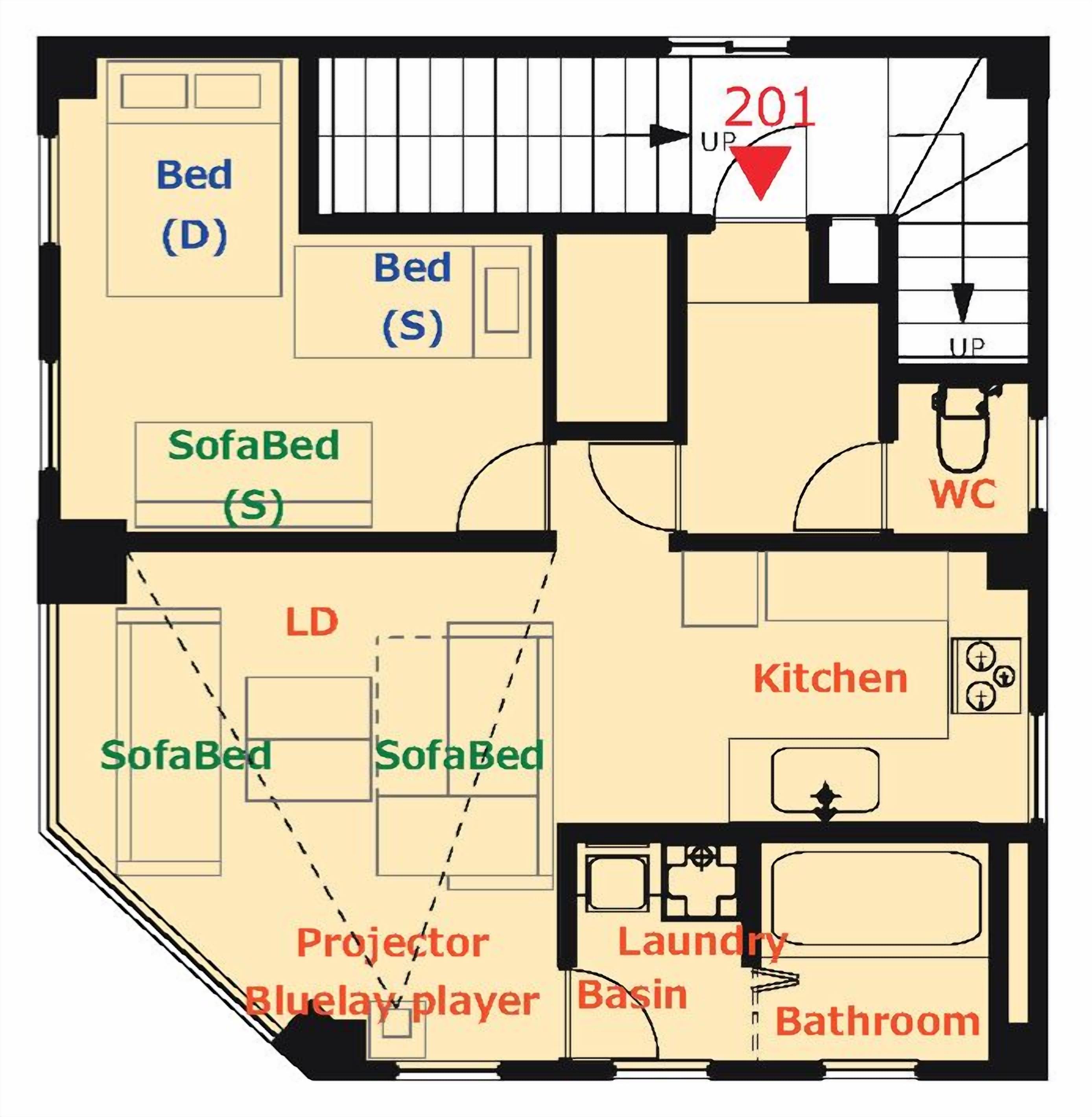 A floor plan with a bed labeled (D), a sofa bed labeled (S), a kitchenette, a bathroom, a laundry area, and a projector/blue-ray player.