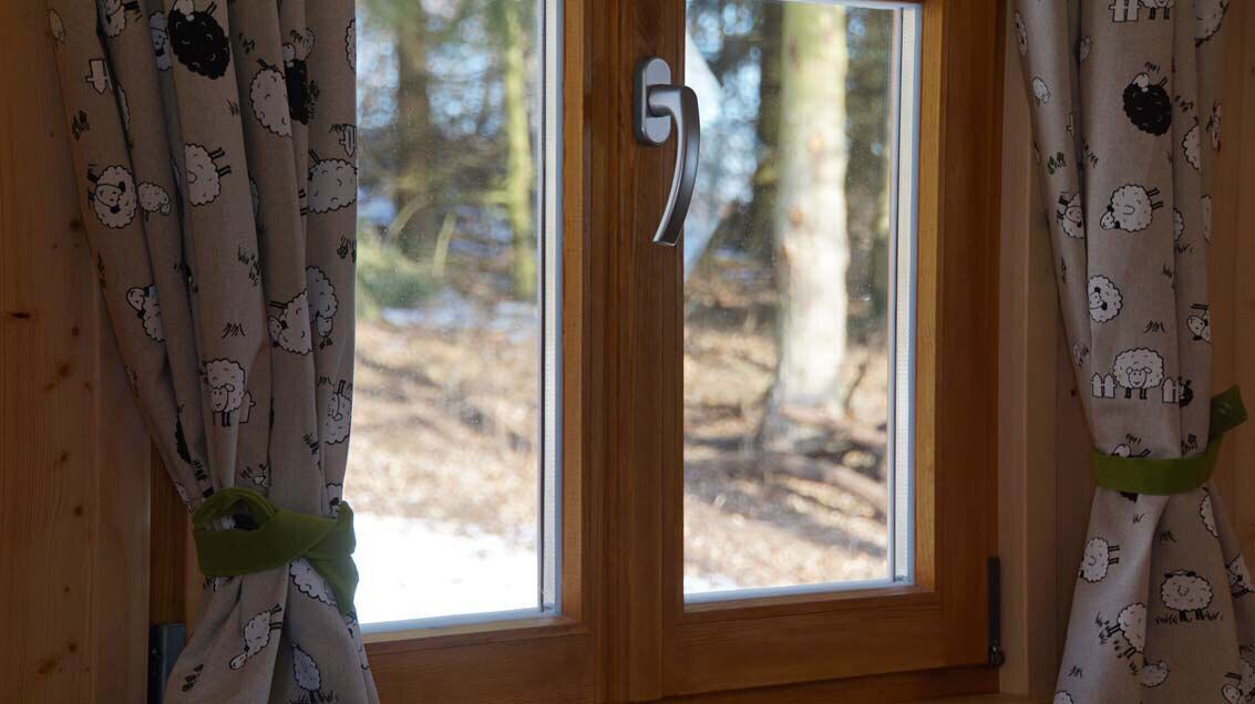 A wooden door with a window, curtains with a sheep pattern, and a view of a forest.