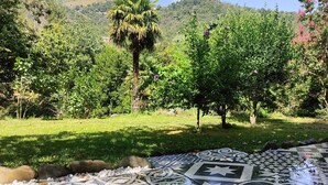 A garden with a patterned pathway, lush greenery, and a palm tree. - Gîte "U Caseddu (Ortiporio)