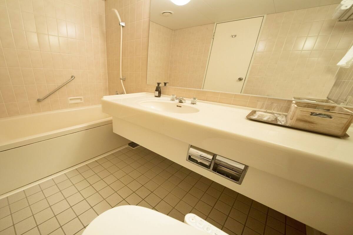 Combined shower/tub, free toiletries, hair dryer, slippers