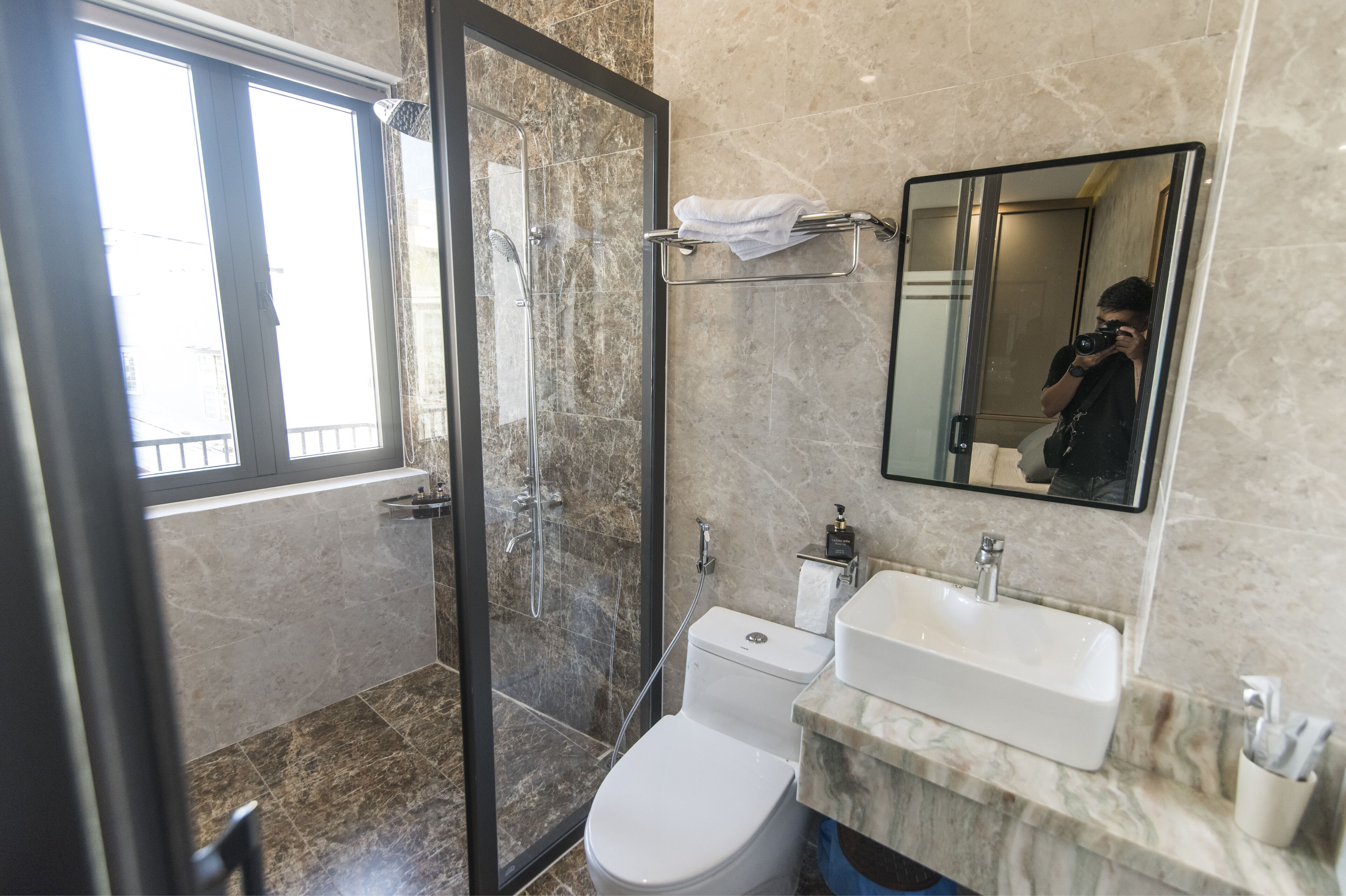 Studio Family Room | Bathroom | Shower, hair dryer, bathrobes, slippers