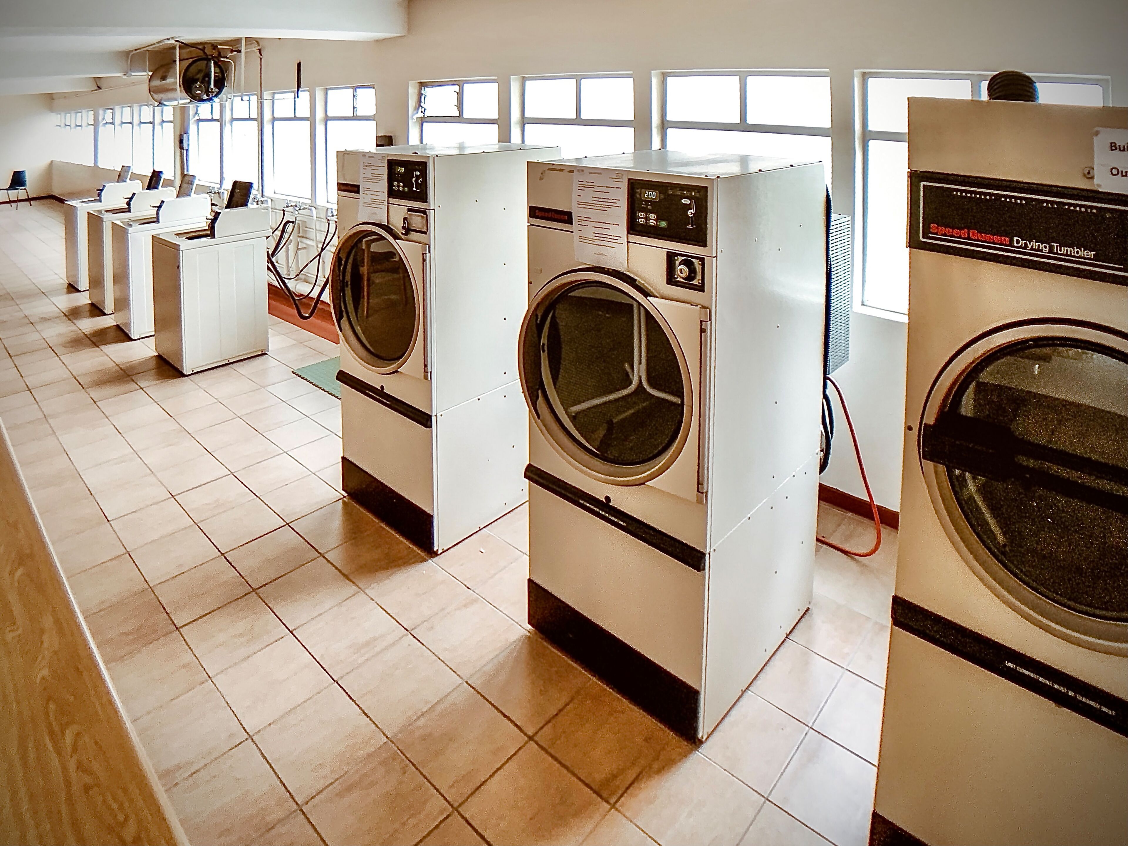 A row of front-loading washing machines in a well-lit laundry room with large windows.