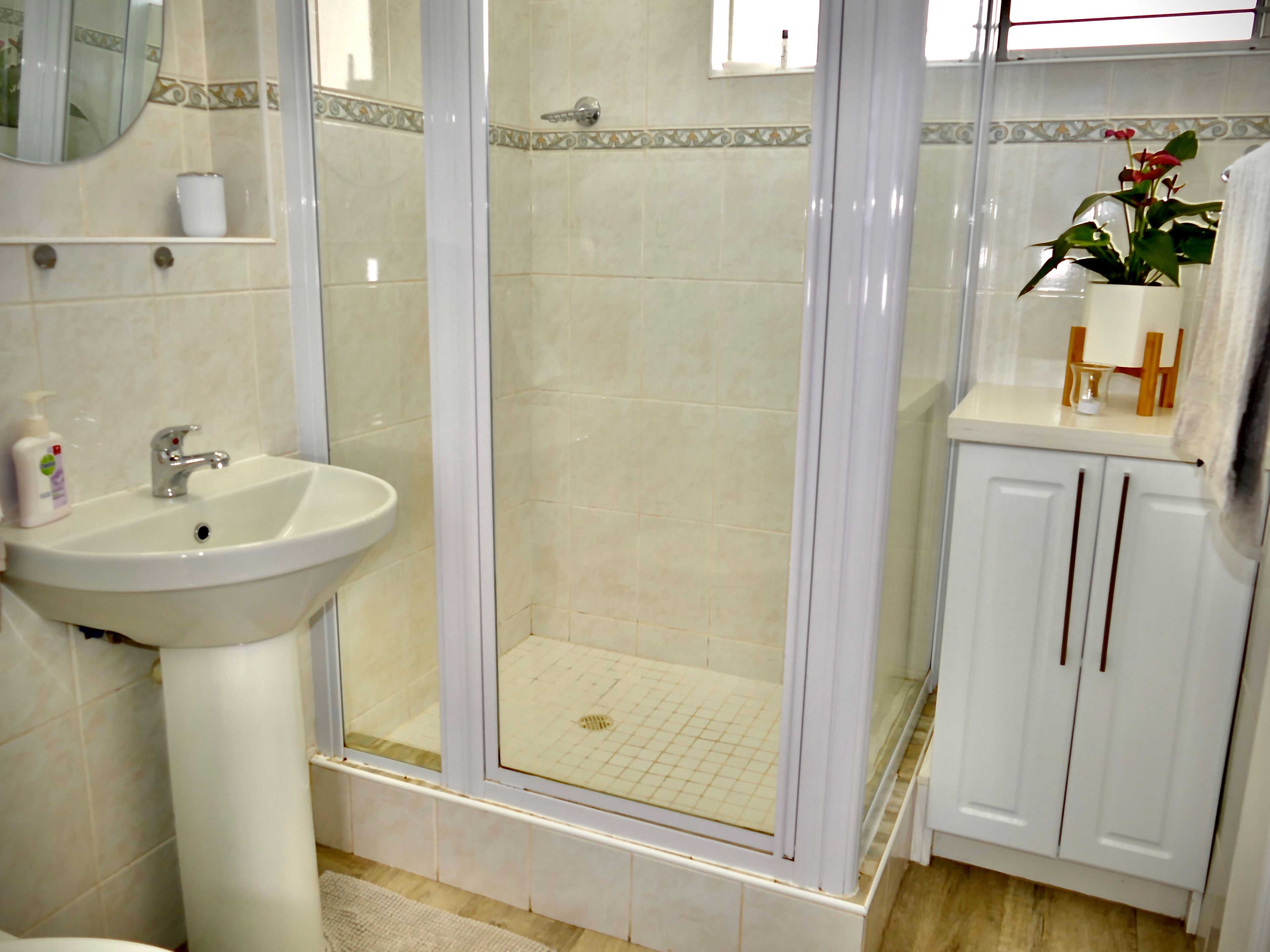 Un baño con lavabo, espejo, cabina de ducha y armarios.