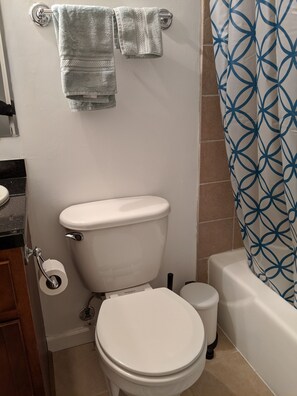 Bathtub, hair dryer, towels, soap