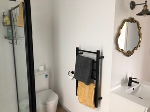 Shower, hair dryer, towels, soap