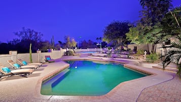 Outdoor pool, pool umbrellas, sun loungers