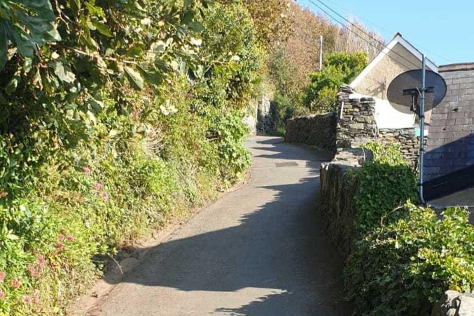 Un camino estrecho y pavimentado bordeado por vegetación densa y muros de piedra.