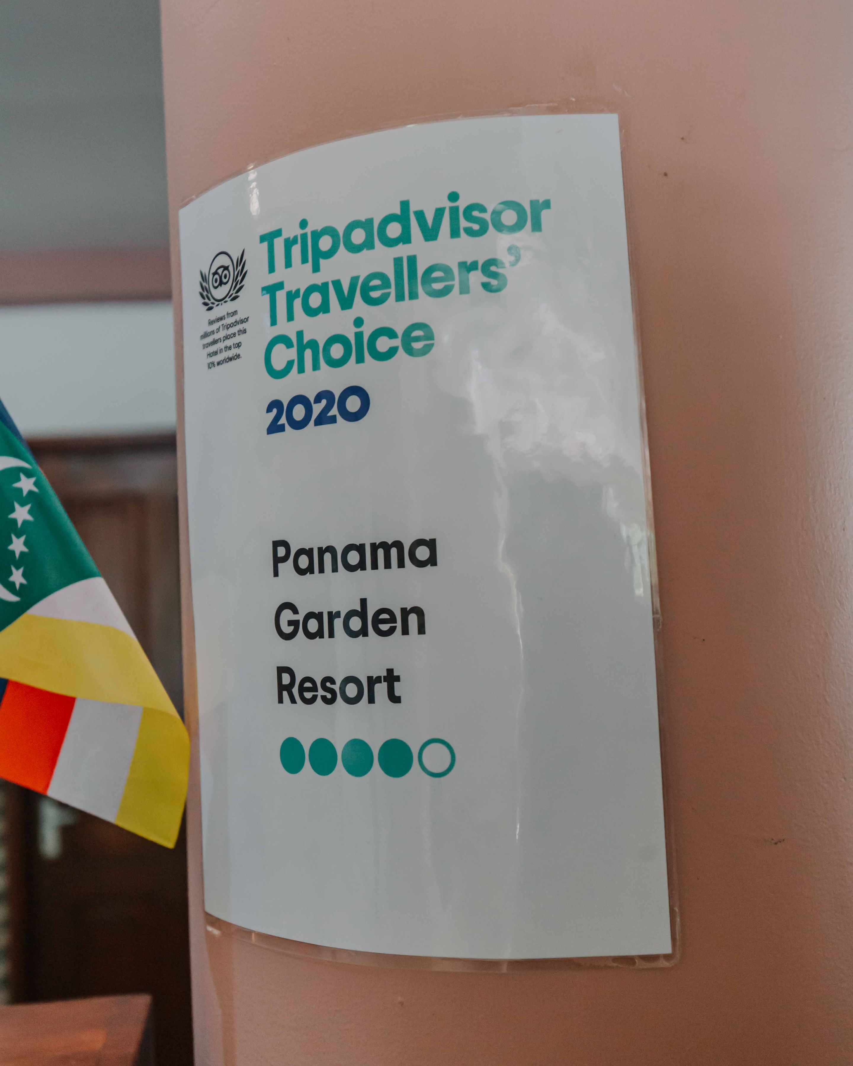 A TripAdvisor Travellers' Choice 2020 plaque for Panama Garden Resort.