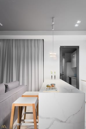 Appartement, 1 chambre, vue ville (401) | Cuisine privée | Grand réfrigérateur, four, plaque de cuisson, cafetière/bouilloire