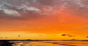 Experience the serene beauty of a coastal sunset with a vast expanse of water and distant mountains.