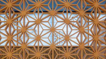 Una estructura metálica geométrica con un patrón repetitivo de triángulos y líneas.