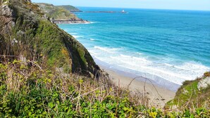 Paisagem costeira com falésia rochosa, praia e oceano.