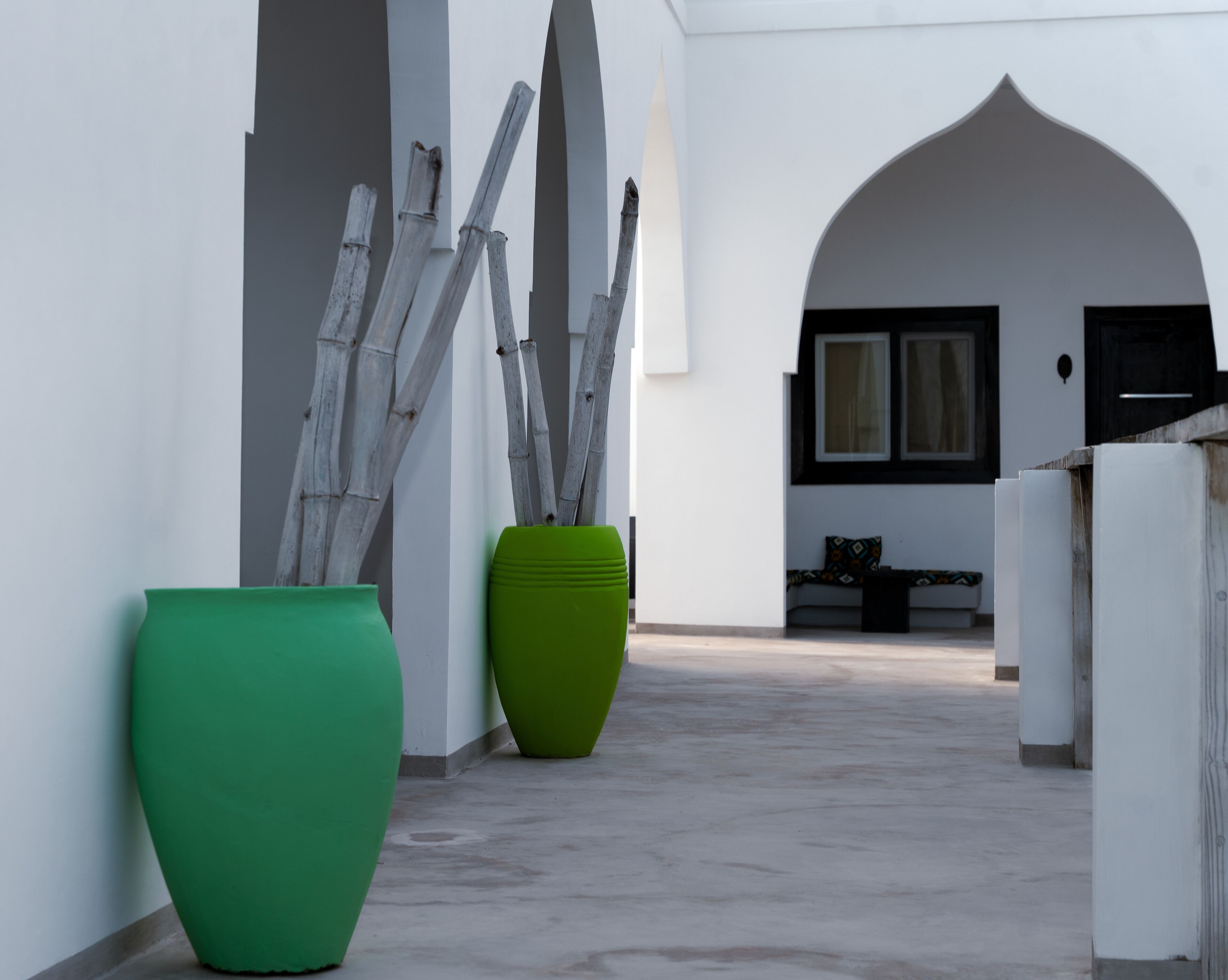 A corridor with two large green planters, a bench, and a window with curtains.