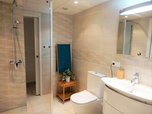 Shower, hair dryer, towels