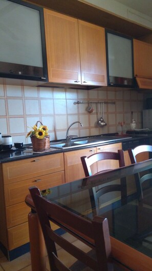 Kühlschrank, Ofen, Herdplatte, Kochgeschirr/Geschirr/Besteck