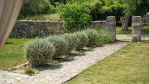 A stone pathway leading through a garden with neatly trimmed hedges and a stone wall. - House 1993/28059 (Istria - Rakalj), 900m from the beach (Rakalj)