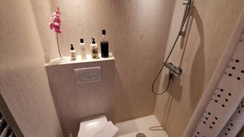 Shower, hair dryer, towels, soap