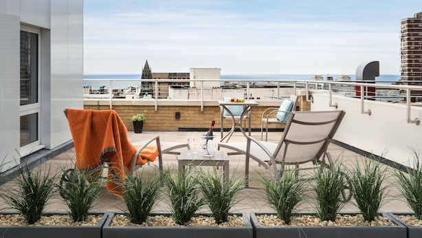 A rooftop terrace with a view of the city skyline, outdoor seating, and a potted plant arrangement.