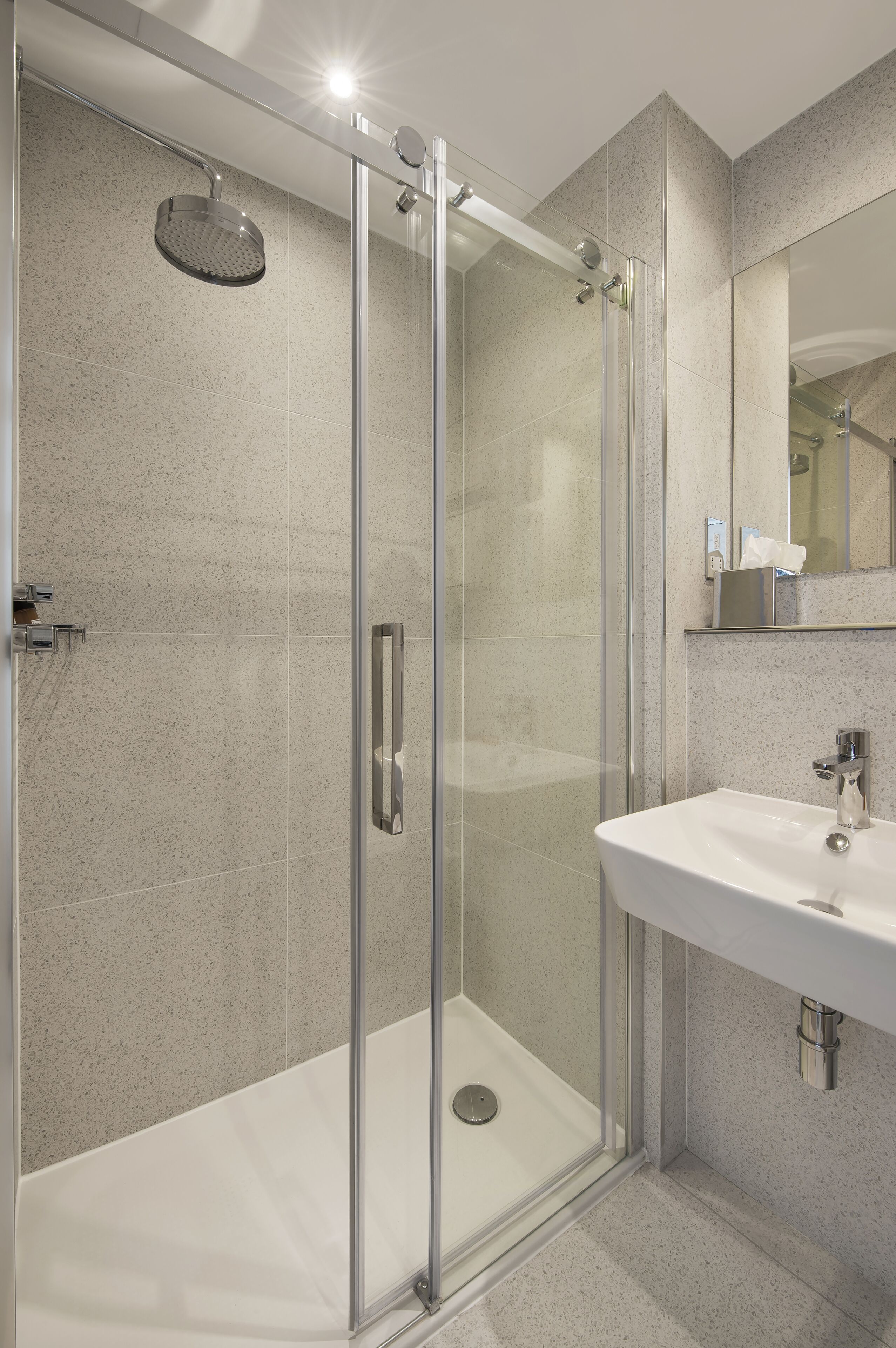 A modern bathroom with a glass-enclosed shower, a white sink, and a large mirror.