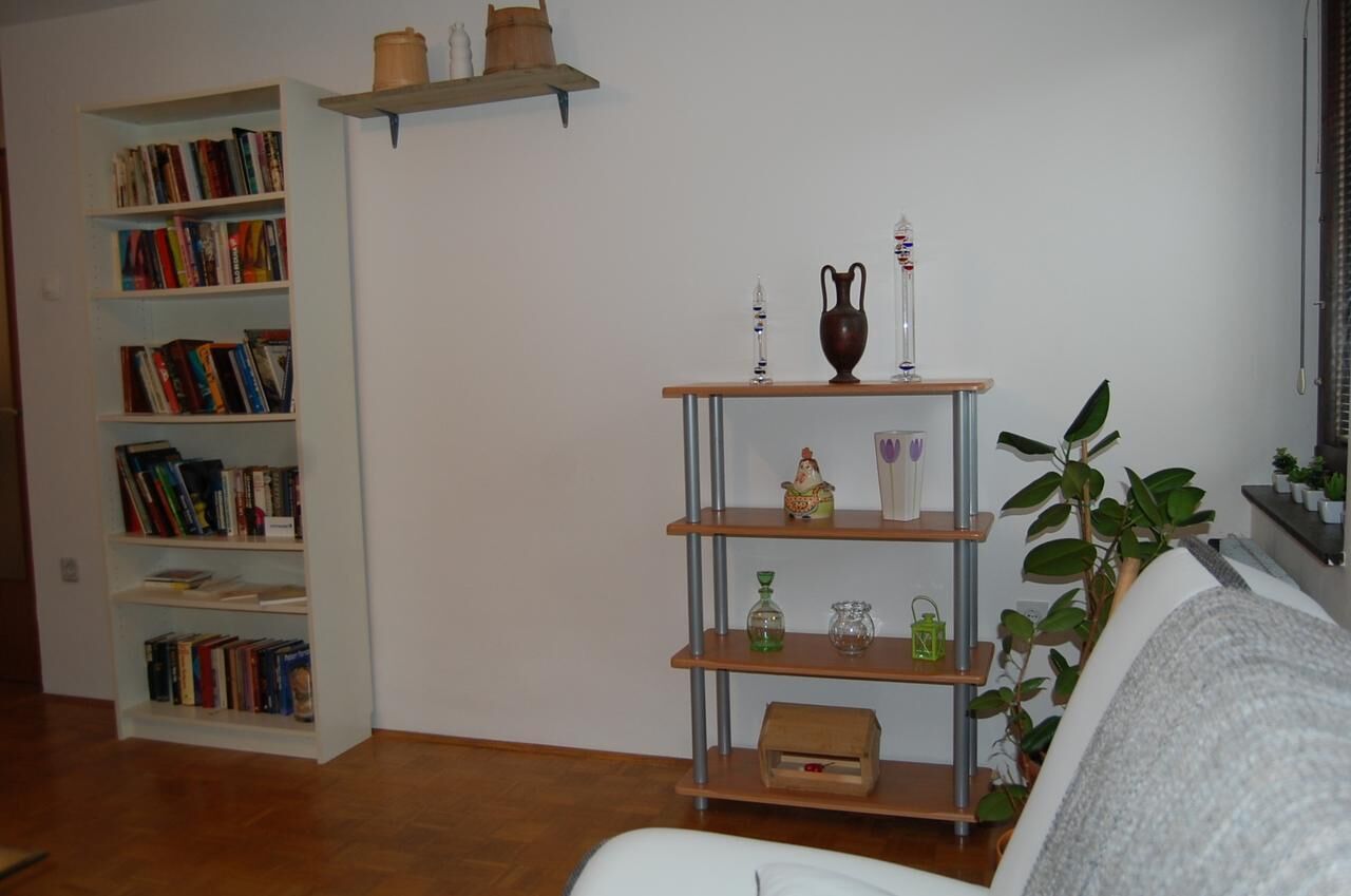 A room with a bookshelf, a small wooden shelf with decorative items, and a potted plant.