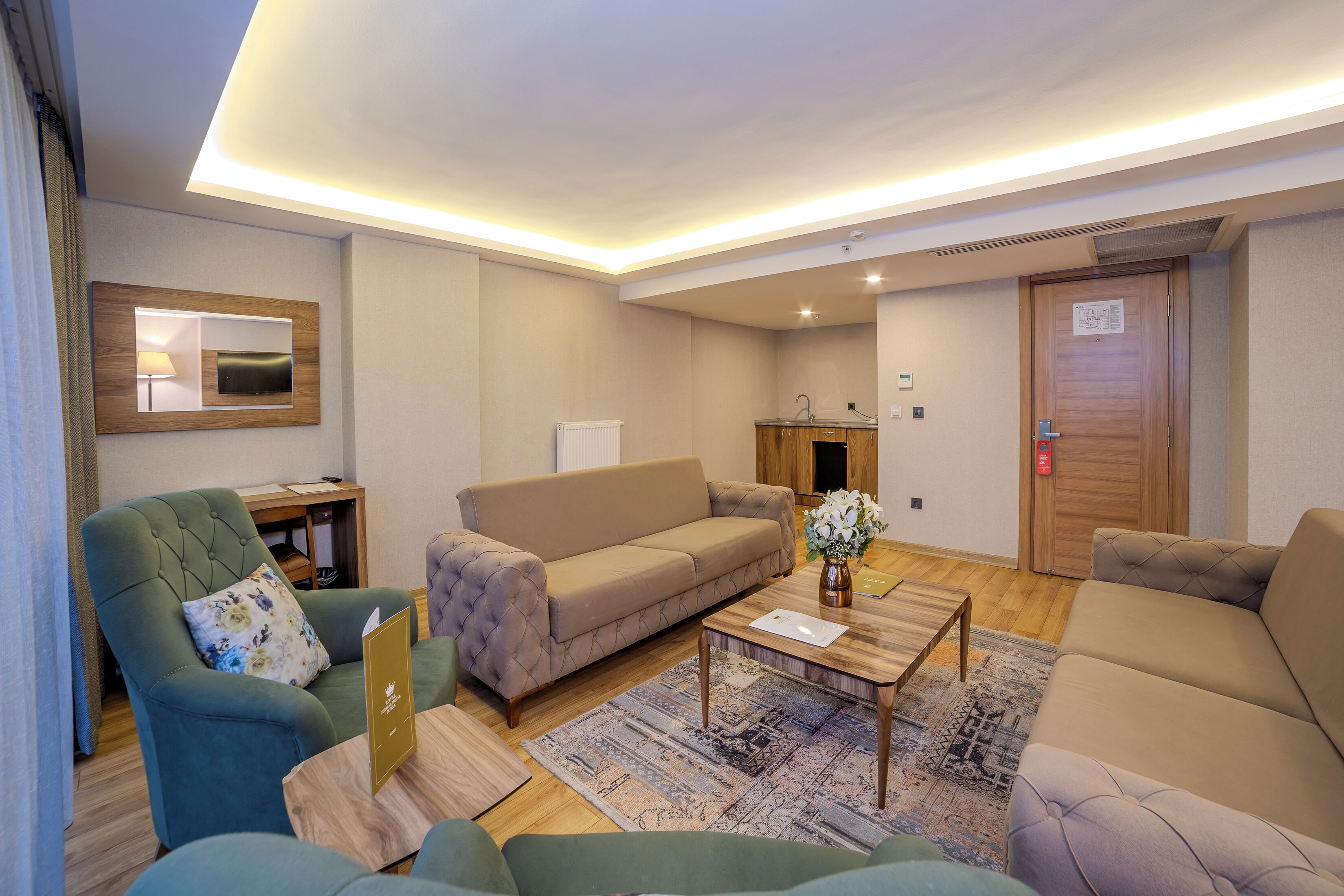 A modern living room with a sofa, armchairs, a coffee table, and a rug.