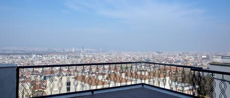 Une terrasse sur le toit, dotée d’une rambarde en métal, qui offre une vue panoramique sur le paysage urbain.