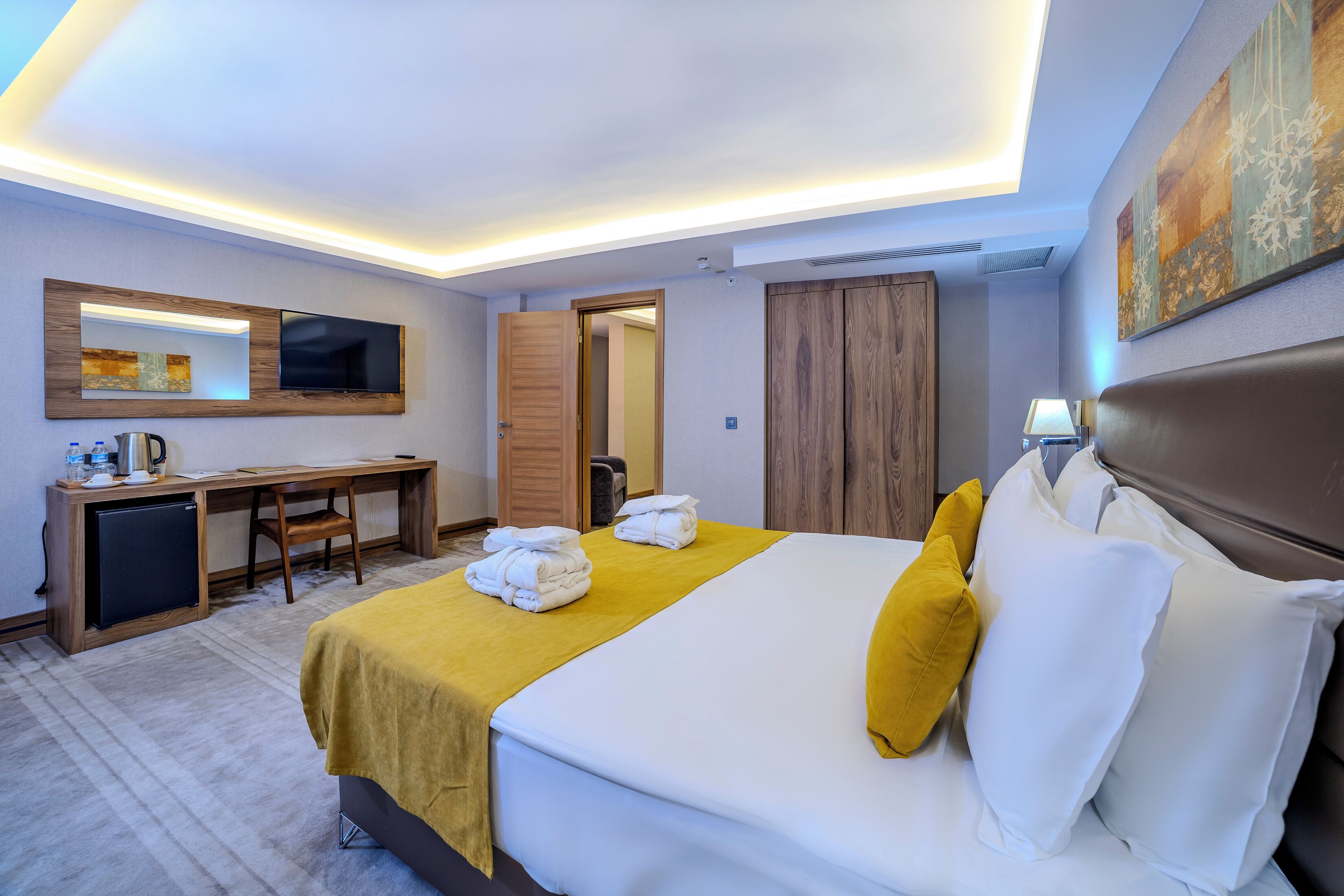 Una habitación de hotel con cama, escritorio, televisor y armario.
