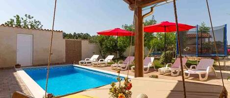 Seasonal outdoor pool, sun loungers