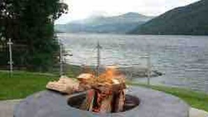A circular fire pit with logs, surrounded by a grassy area with a view of a lake and mountains in the background.