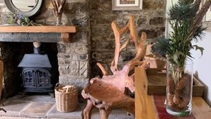 A stone fireplace with a rustic wooden deer sculpture, a mirror, and a vase with dried plants.
