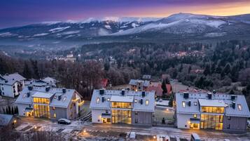 A modern residential area with contemporary houses, a snowy landscape, and a mountain range in the background.