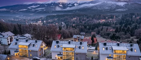 A modern residential area with contemporary houses, a snowy landscape, and a mountain range in the background.