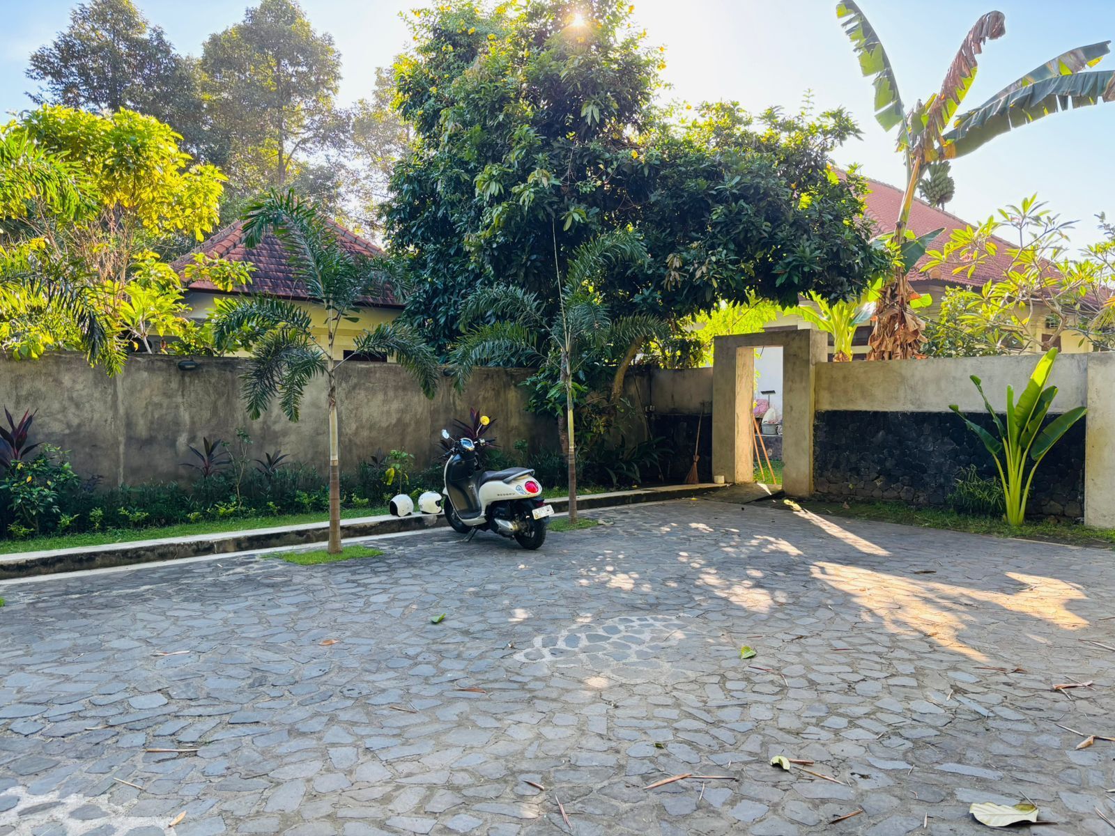 A paved courtyard with a scooter parked, surrounded by lush greenery and a building with a red roof.