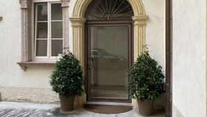 Ein Gebäudeeingang mit Glastür, einem Rundbogenfenster und zwei Blumentöpfen.