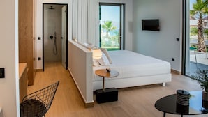 A modern bedroom with a bed, a small table, a chair, a TV, and a shower area. - Villa Lydia (Kissamos)