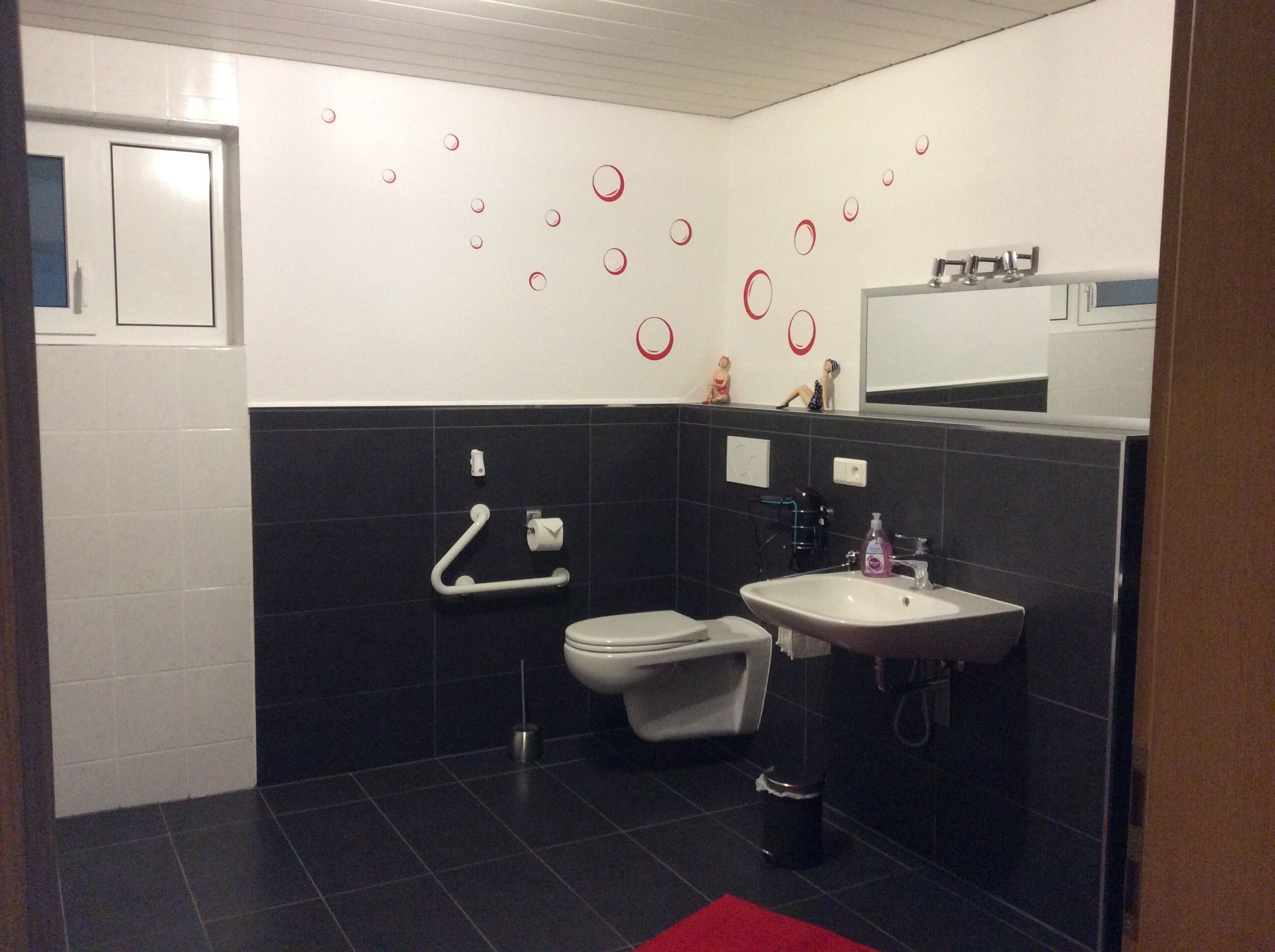 A bathroom with a toilet, sink, and handrail.