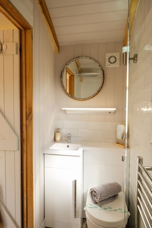 A compact bathroom with a white sink, a mirror, and a toilet. - a beautiful rural shepherd hut with hot tub ! (Rushford)