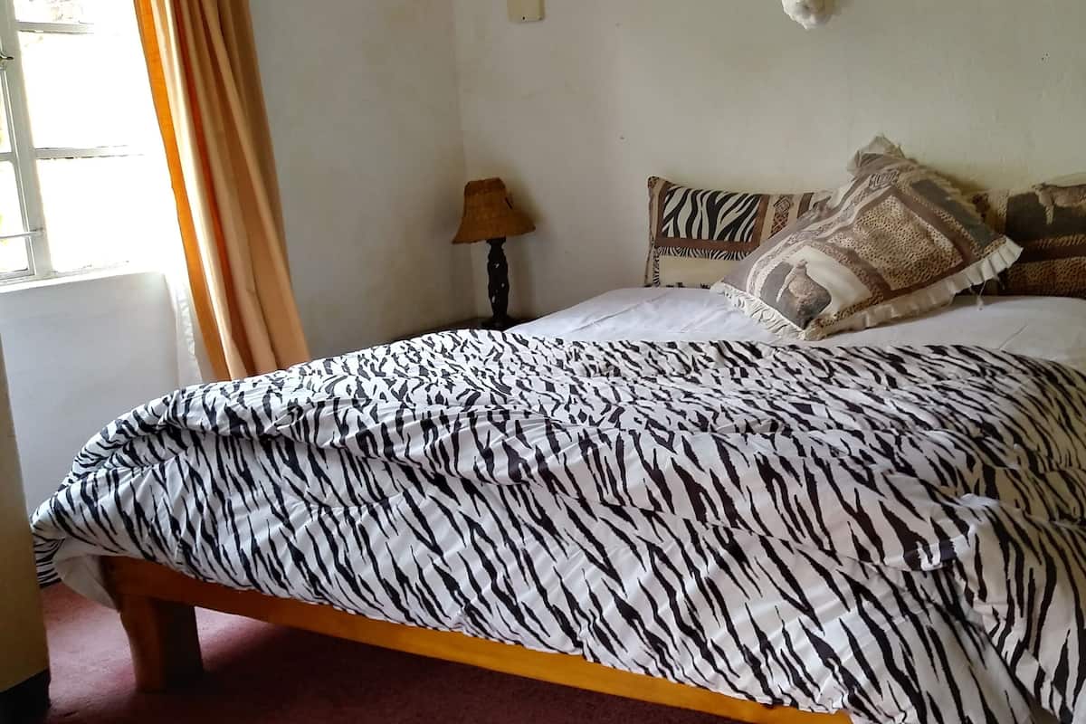 Un dormitorio con colcha de estampado de cebra, estructura de cama de madera, dos lámparas de noche y una mesita de noche con lámpara.