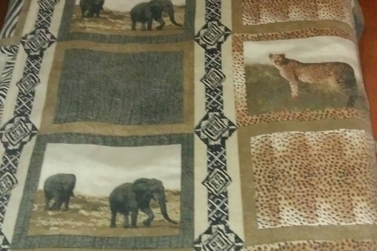 Una cama con un edredón estampado de cebra y una colcha con estampados de elefantes y leopardos.