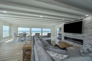 Smart TV, fireplace, books