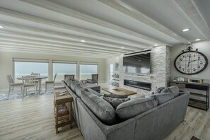 Smart TV, fireplace, books