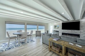 Smart TV, fireplace, books