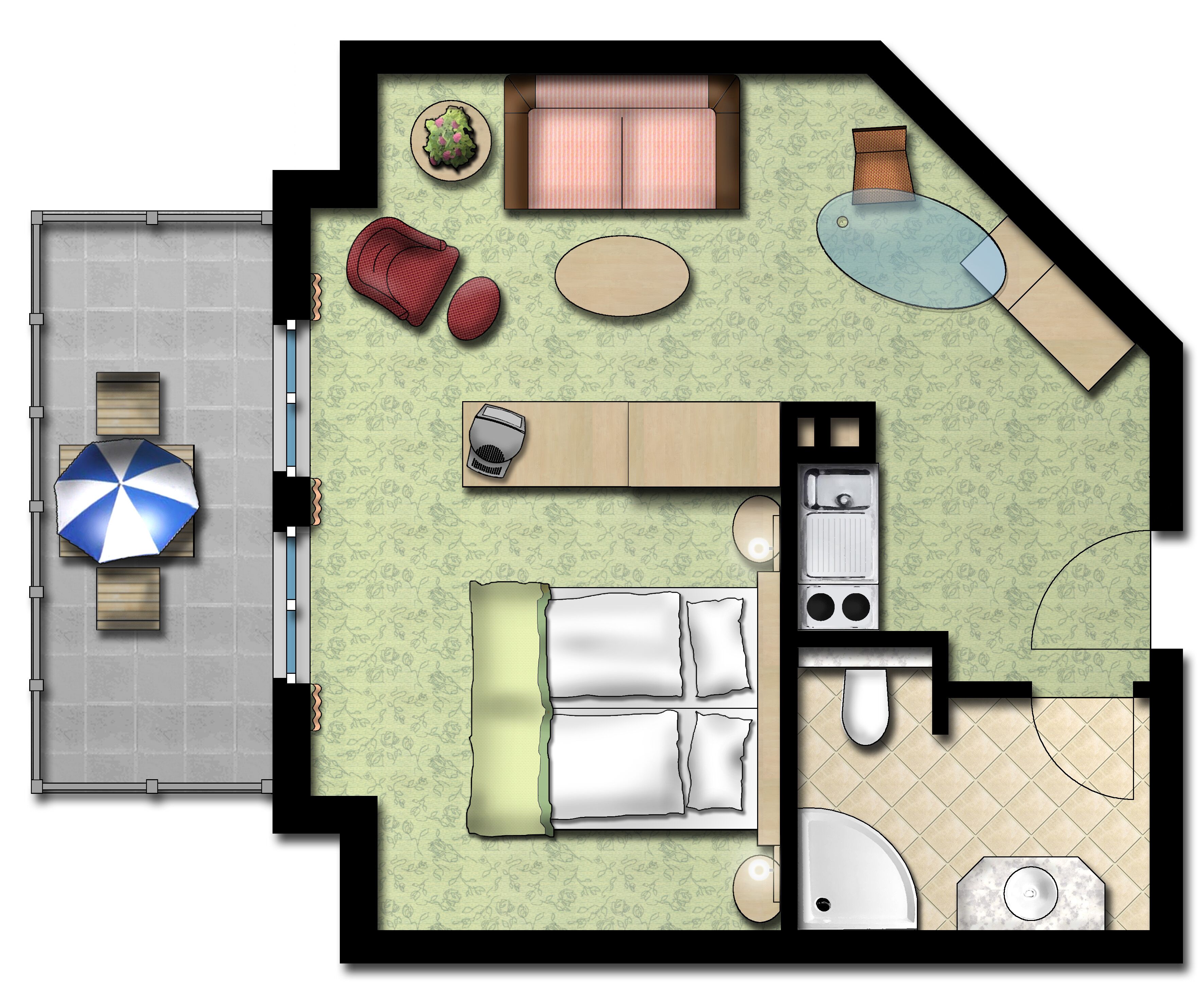 Indeling van een hotelkamer met een bed, een badkamer, een kitchenette, een zithoek met een tafel en stoelen, en een klein balkon.