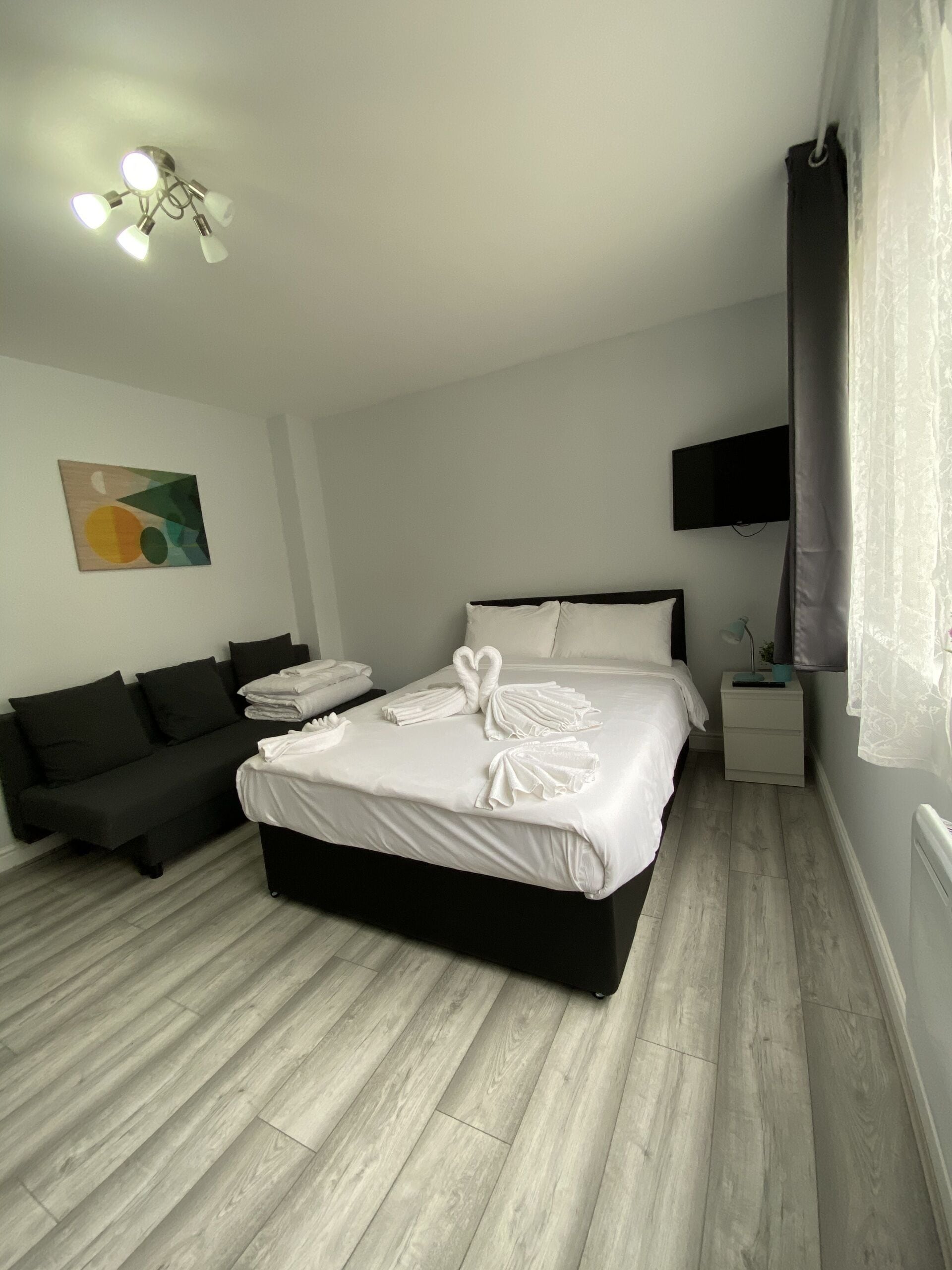 A modern bedroom with a bed, a sofa, a TV, and a ceiling light fixture.