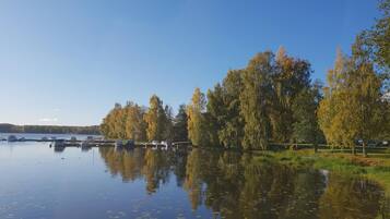 Um lago tranquilo com barcos atracados à esquerda, rodeado por árvores com folhagem outonal.