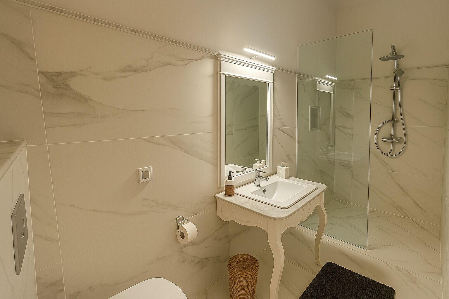 A bathroom with a marble-tiled wall, a white sink with a mirror, a glass shower enclosure, and a toilet.