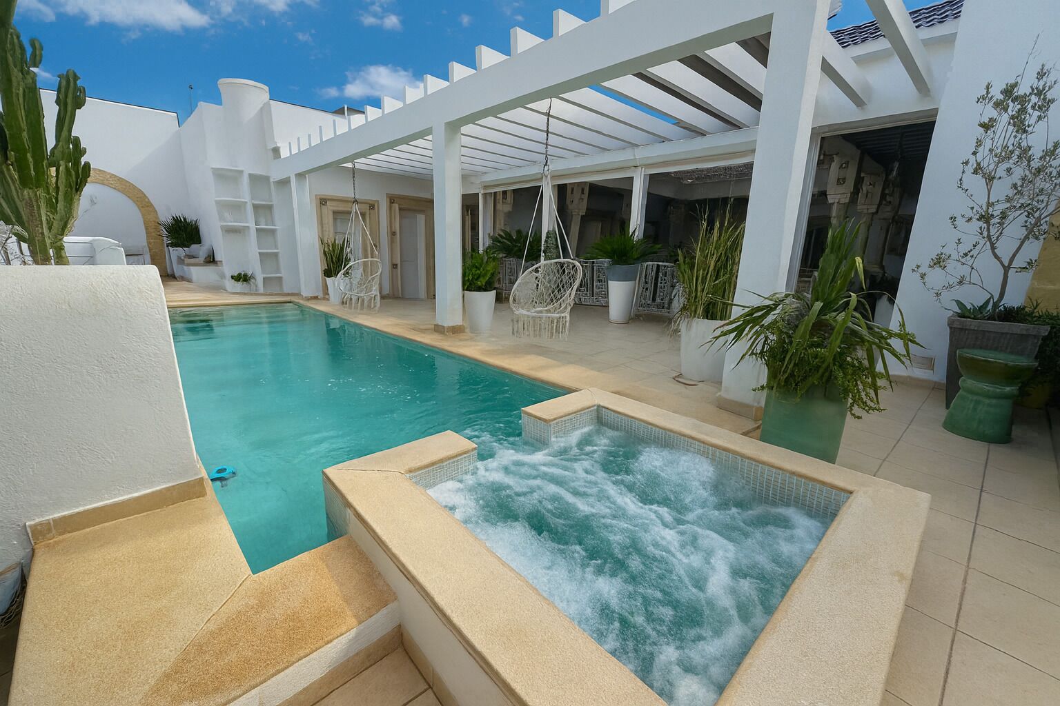 Een buitenzwembad, ligstoelen bij het zwembad