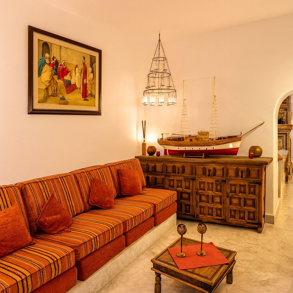 A living room with a striped sofa, a wooden cabinet, a ship model, and a painting on the wall.